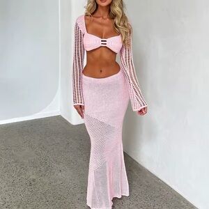 Outcast Clothing Crochet Maxi Skirt Set in Light Pink - Small